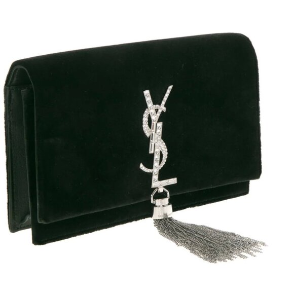 NWT YSL Saint Laurent Green Velvet Crystal Monogram Kate Clutch Chain Shoulder - Picture 4 of 8